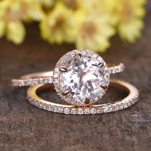 Morganite Engagement Ring Set Diamond Wedding Band Full Eternity Rose Gold Promise Ring 6 Prongs 14K Vintage Morganite Jewelry Handmade