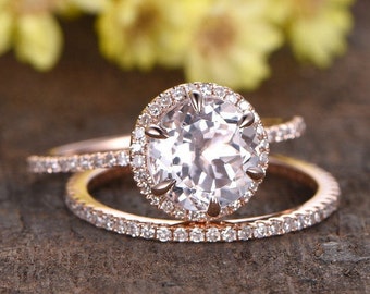 Morganite Engagement Ring Set, Diamond Rose Gold Wedding Band, Handmade