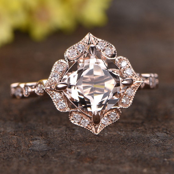 1.5ct Morganite Engagement Ring Rose Gold Vintage Floral Diamond Wedding Ring Cushion Cut Gemstone Bridal Ring Morganite Jewelry Etsy