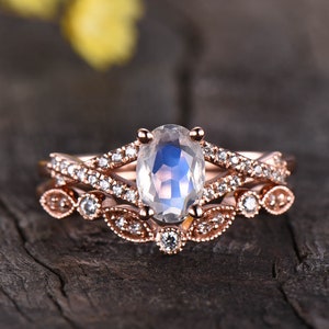Moonstone Engagement ring set,Vintage infinity engagement ring for women,Split shank rose gold ring,Art deco wedding band,anitque bridal set