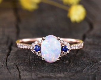Opal Engagement Ring, Rose Gold Sapphire Diamond 3-Stone Ring