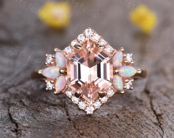 Vintage Hexagon Peach Morganite Engagement Ring: Rose Gold Opal Cluster