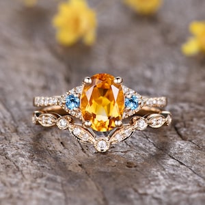 Juego de anillos de compromiso de citrino amarillo de 1,2 ct, juego de anillos de boda, banda de topacio a juego, 2 piezas, anillo de novia vintage, anillo de promesa, regalo de aniversario