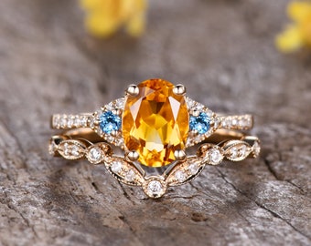 1.2ct Yellow Citrine Engagement Ring Set,Wedding Ring Set, Topaz Matching Band 2 Pcs Bridal Ring Vintge Promise Ring Anniversary Gifts