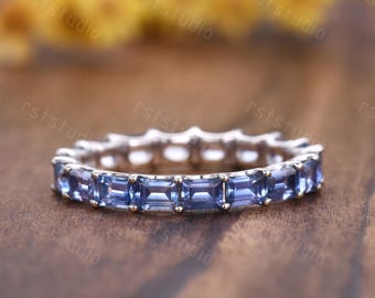 Baguette Sapphire Eternity Band: 14k Gold Wedding Ring, September Birthstone