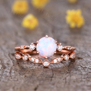 White Opal engagement ring set Curved Band art deco band,vintage Fire Opal Ring 14K Rose Gold Opal jewelry Anniversary Ring Custom Ring