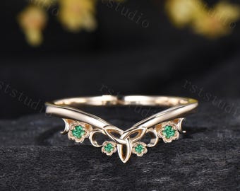 Flower Emerald Wedding Band: Celtic Knot 14K Yellow Gold Anniversary Ring
