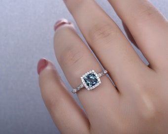 Alexandrite Engagement Ring, Cushion Cut, Art Deco 14K White Gold Anniversary Ring