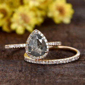 Exquisite Pear Salt Pepper Diamond Engagement Ring Set Diamond Band Moissanite Wedding Ring Set 14K Gold Promise Ring Dainty Birthstone Ring