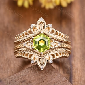 Gothic Hexagon Peridot Engagement Ring Set: Diamond 14k Gold Bridal Set