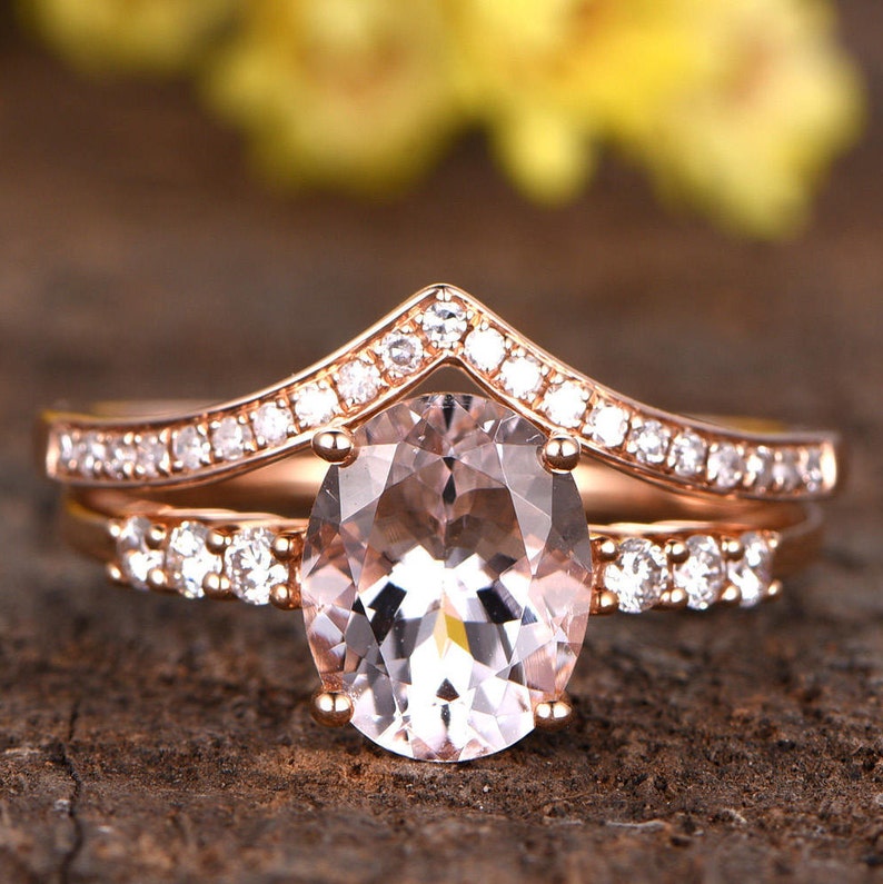 Natural Oval Morganite Engagement Ring Set Rose Gold peachy Gemstone Ring Curved V Diamond Wedding Band morganite jewelry promise ring image 1