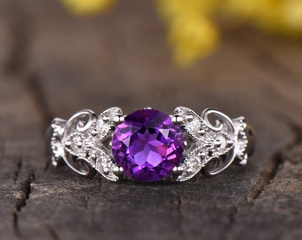 Vintage Amethyst Engagement Ring diamond wedding band,antique Amethyst floral ring,unique Amethyst jewelry white gold Purple Gemstone