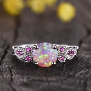 Pink Opal engagement ring,art deco flower ring,ruby wedding band,antique women jewelry,unique fire opal ring jewelry birthstone women ring