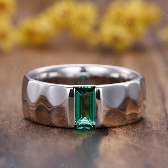 8mm Mens Emerald Wedding Band Baguette Green Emerald Ring Hammer