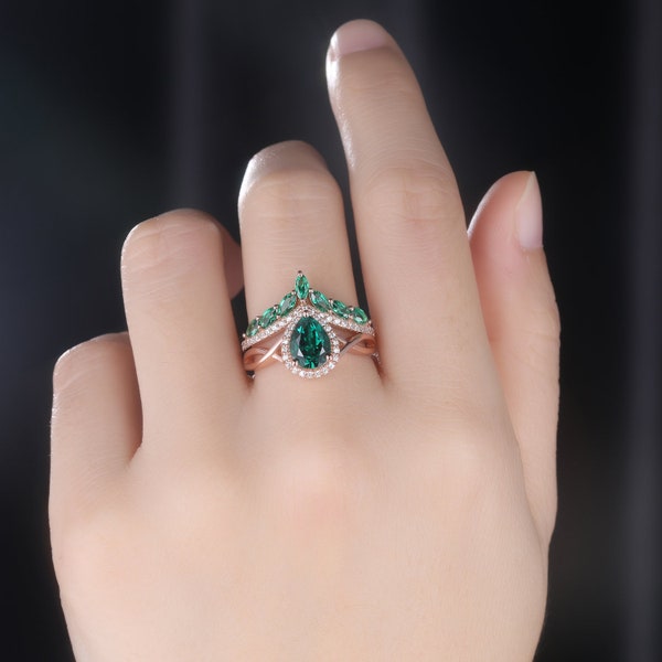 Emerald Engagement Ring ,Emerald Ring, Vintage Emerald Wedding Ring Set,Bridal Ring Emerald Jewelry Promise Rings For Women May Birthstone