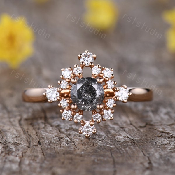 4.5mm Round Salt and Pepper Diamond Engagement Ring Unique Floral ring Vintage Anniversary gifts 14K 18K Rose gold Cluster Ring