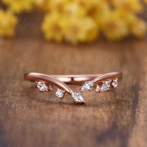 マーキス モアッサナイト 結婚指輪 ローズゴールド ダイヤモンド カーブ 結婚指輪 アールデコ リーフ マッチング スタッキング バンド ヴィンテージ プロミス バンド 女性用