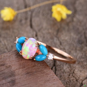 Anello di fidanzamento opale rosa, anello opale rosa unico, anello vintage fire opal pink gemstone anello nuziale con diamanti, anello anniversario in oro rosa
