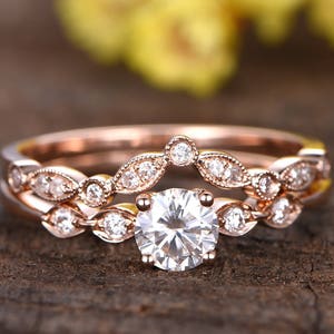 0.55ct Moissanite engagement ring set,2pcs curved diamond moissanite wedding ring set,art deco band 14k rose gold Moissanite jewelry