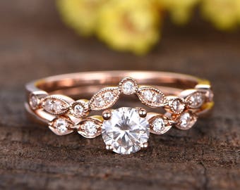 0.55ct Moissanite engagement ring set 14k rose gold diamond bridal ring set,art deco band vintage Moissanite Jewelry anniversary gifts