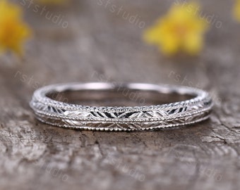 Antique Filigree Ring Floral Engraving Wedding Bands Vintage Wedding Band White Gold Inspired Ring Matching Band Anniverary Ring