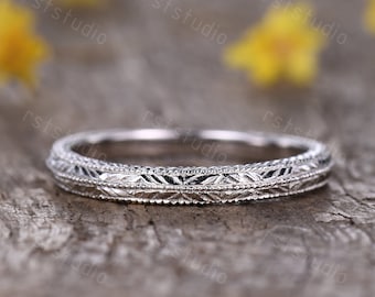 Antique Filigree Ring Floral Engraving Wedding Bands Vintage Wedding Band White Gold Inspired Ring Matching Band Anniverary Ring