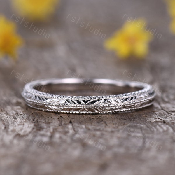 Antique Filigree Ring Floral Engraving Wedding Bands Vintage Wedding Band White Gold Inspired Ring Matching Band Anniverary Ring