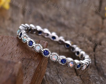 Round cut sapphire opal rings vintage wedding band Milgrain bridal promise ring 14K white gold full eternity band blue sapphire fire opal