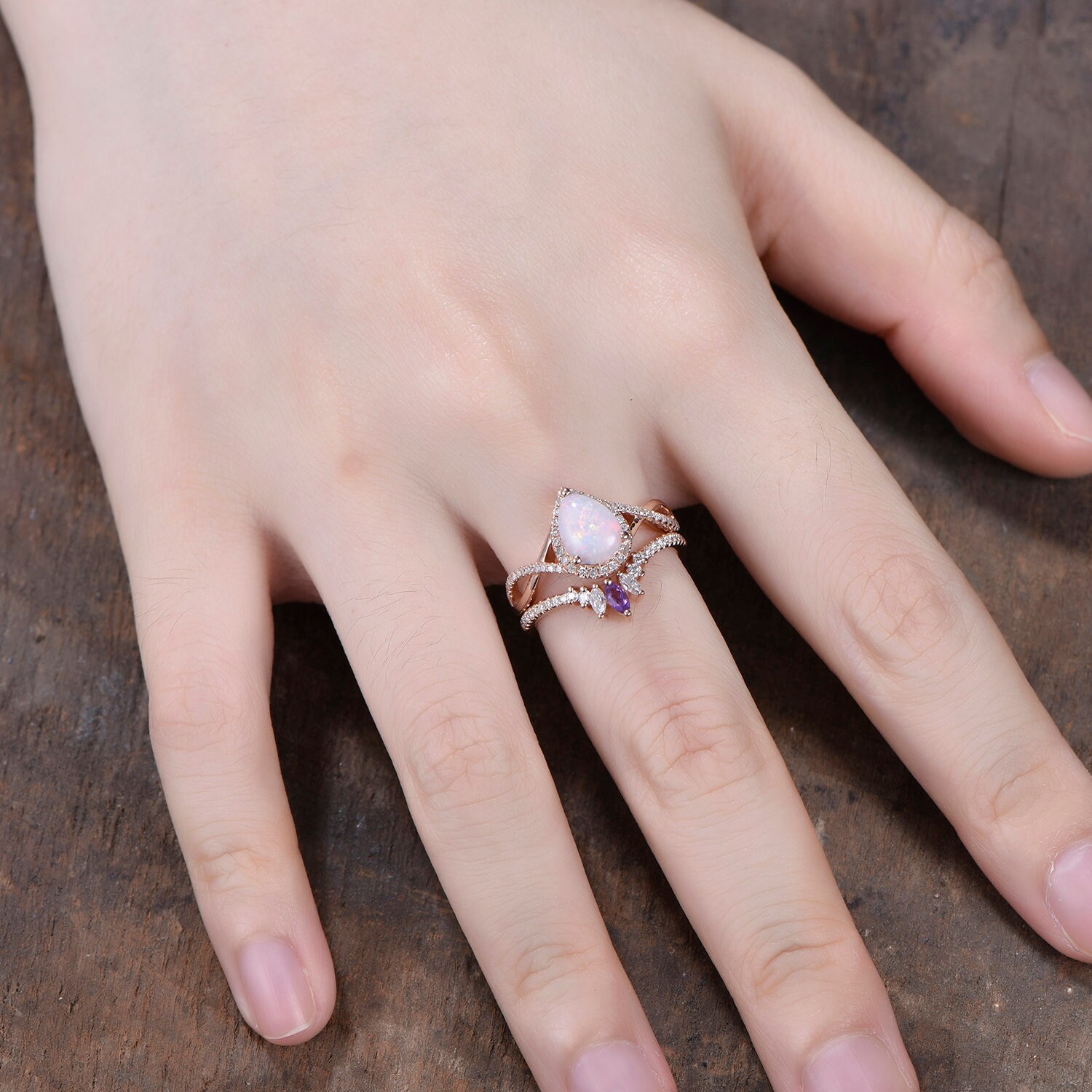 Pear Opal Engagement Ring Set, Diamond Amethyst, Rose Gold Bridal ...