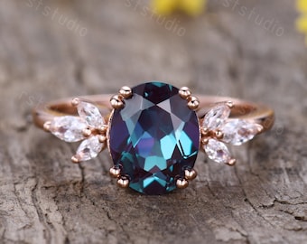 Alexandrite Engagement Ring: 2 Carat Oval, Moissanite Band, 14K Gold