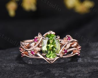 Vintage peridot and ruby wedding ring set Leaf twig engagement ring set Natural Inspired rose gold bridal set for women Branch promise ring
