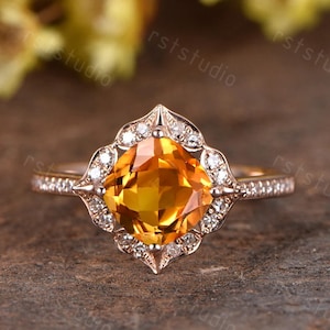amarillo natural Citrino anillo de compromiso media eternidad banda de diamantes citrino joyería aniversario anillo de cumpleaños promesa anillos para mujeres