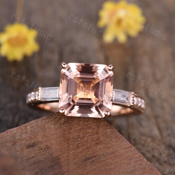 3ctw Asscher cut morganite engagement ring rose gold Filigree diamond band morganite jewelry promise ring natural Morganite rings for women