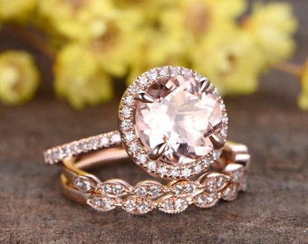 Morganite Engagement Ring Set, 14K Rose Gold, Diamond Halo, Vintage Bridal