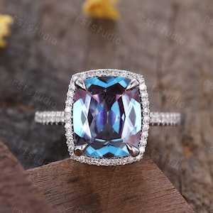 Vintage cushion cut alexandrite engagement ring color change gemstone diamond band unique alexandrite jewelry 14k White Gold Statement Ring