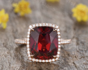 6.2ct Cushion Cut VS natural Garnet engagement ring,14k Rose Gold,Diamond HALO,Promise Anniversary Ring,Birthstone Ring Red Gemstone Silver