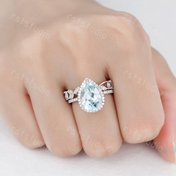 3ct Teardrop Aquamarine Engagement Ring: Diamond Band, 14K White