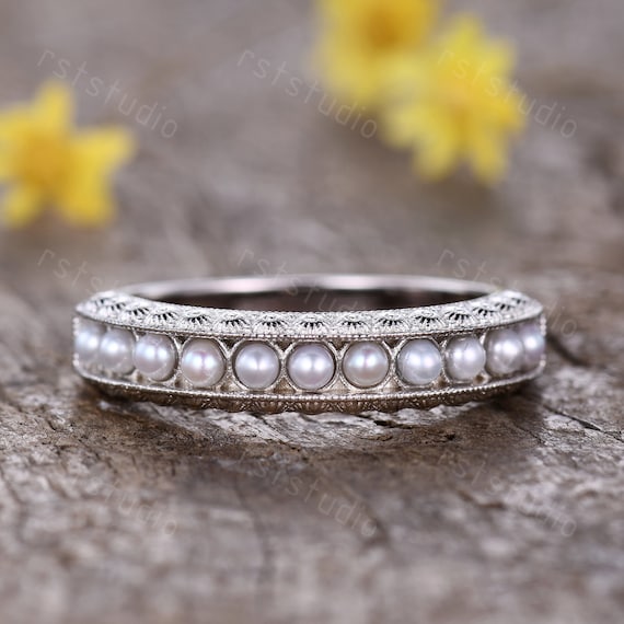 Vintage Pearl Engagement Ring 2MM Round Cut White Pear Ring White Gold  Rings For Women,Anniversary gifts Antique Pearl Jewelry