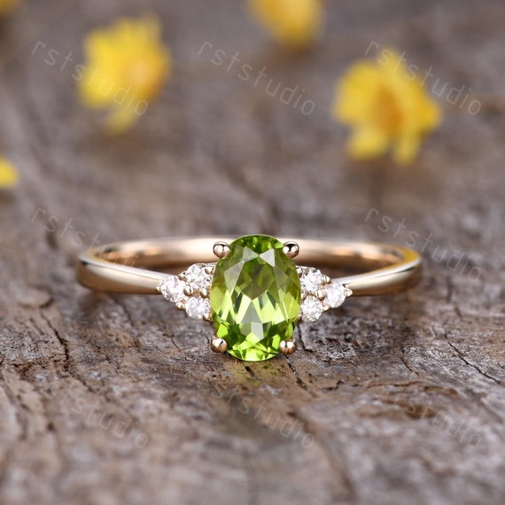 14K White Gold Oval Peridot Diamond Ring - 214-11284