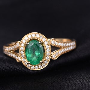 1ct 18K yellow gold oval cut natural emerald engagement ring diamond wedding band vintage emerald ring promise ring jewelry anniversary ring