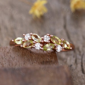 14k rose gold marquise Peridot Diamond Wedding Band,vintage cluster peridot ring,August birthstone ,stacking matching band, gifts for women