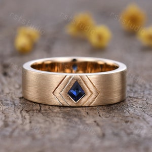 Mens Kite Cut Sapphire Engagement Ring Vintage Sapphire Ring Gold Mens Ring Matt Finished Anniversary Gifts For Father Boy Engraved Band
