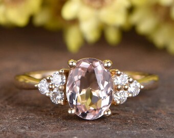 Oval Morganite Engagement Ring, SI-H Diamond Halo, Rose Gold Filigree