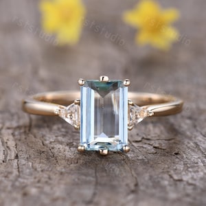 Blue Aquamarine Ring Yellow Gold Aquamarine Engagement Ring Three Stones White Topaz Band Birthstone Ring Promise Ring Natural Aquamarine