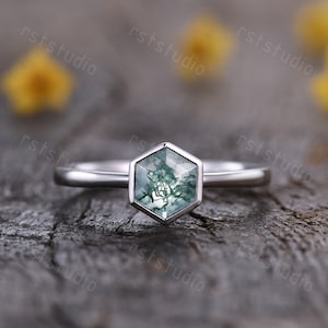 Einzigartiger Lünette, die Moosachat-Ring fester 14k Weißgoldring Solitärring Vintage-Hexagon-Moosachat-Verlobungsring-Jubiläumsgeschenk