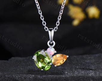 Vintage Peridot Citrine Necklace Pendant,Three Stone Drop Opal Necklace Silver Gemstone Jewelry Anniversary Birthday Gift for Women