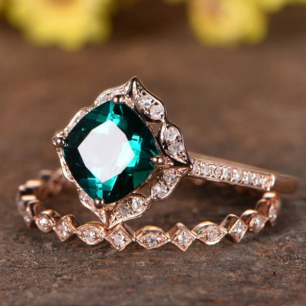 Emerald Wedding Ring Set Etsy