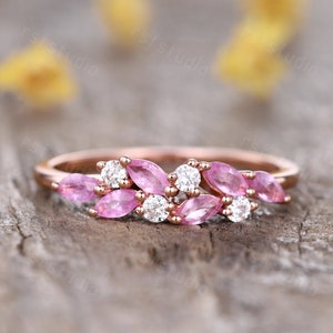 Marquise pink sapphire stacking wedding band,vintage cluster pink sapphire ring,real diamond band,pink gemstone,gifts for women 14K 18K