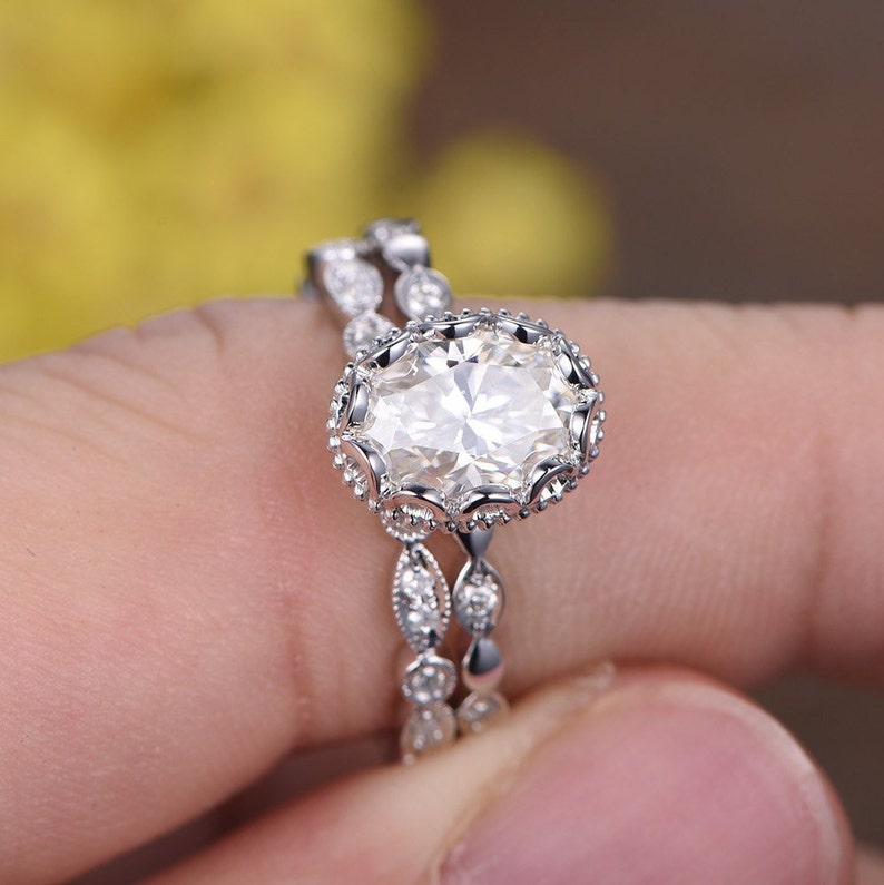 Moissanite Engagement Ring Set 14k White Gold Antique Wedding Etsy