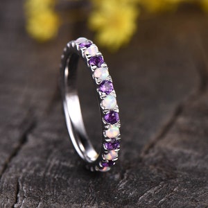 Opal ring,amethyst wedding ring,full eternity,14K white gold,stacking ring,women bridal jewelry gift,opal amethyst engagement ring